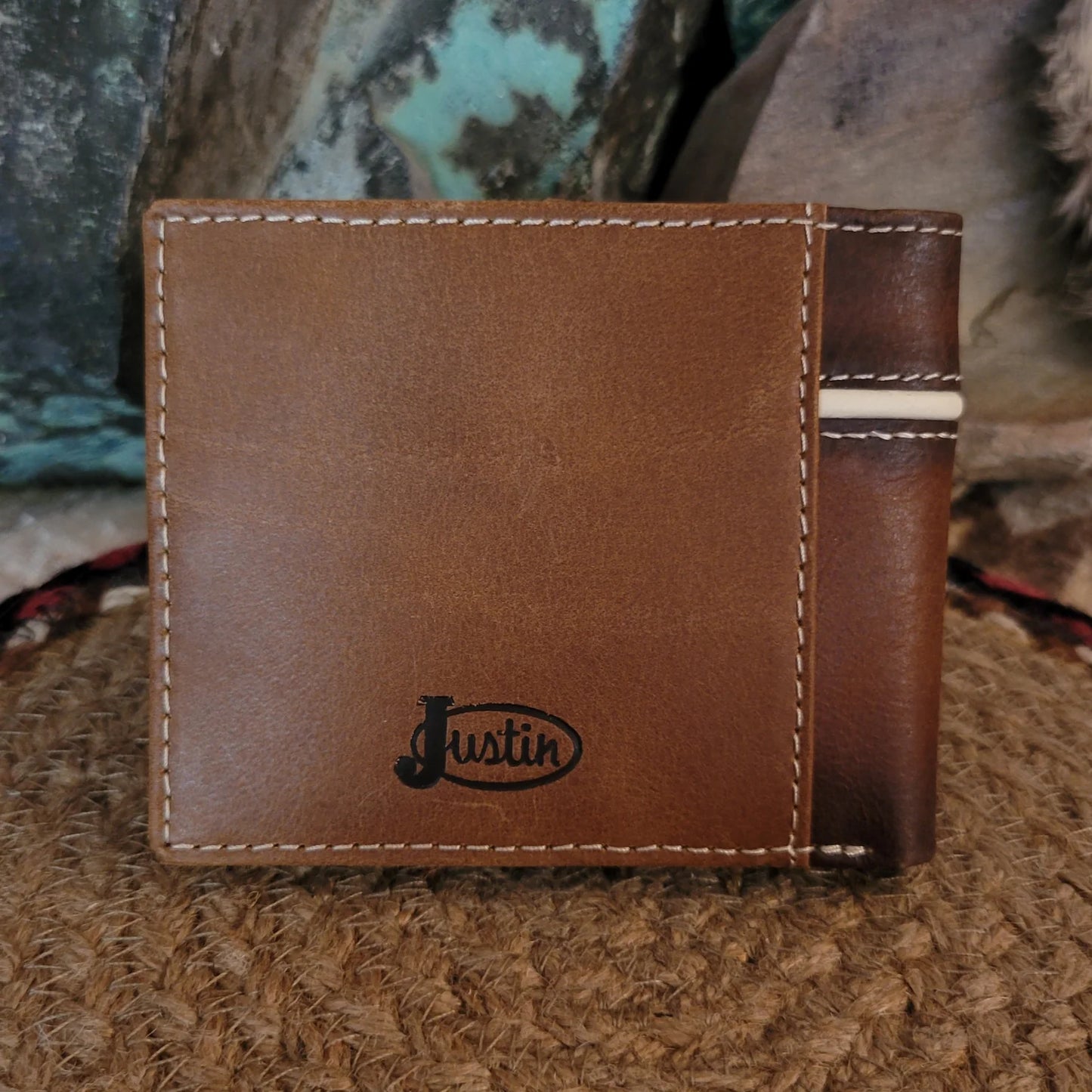 Justin Men's Genuine Leather Bifold Wallet with Burnished Tan Yoke & Concho