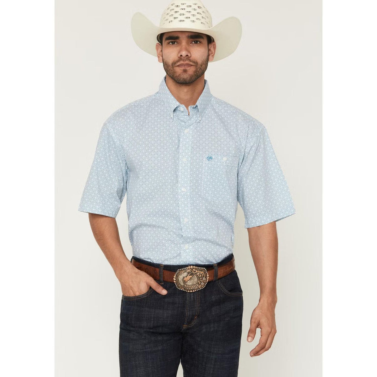 Wrangler® Men's Classic Geo Print Relaxed Fit Short Sleeve Shirt - Teal