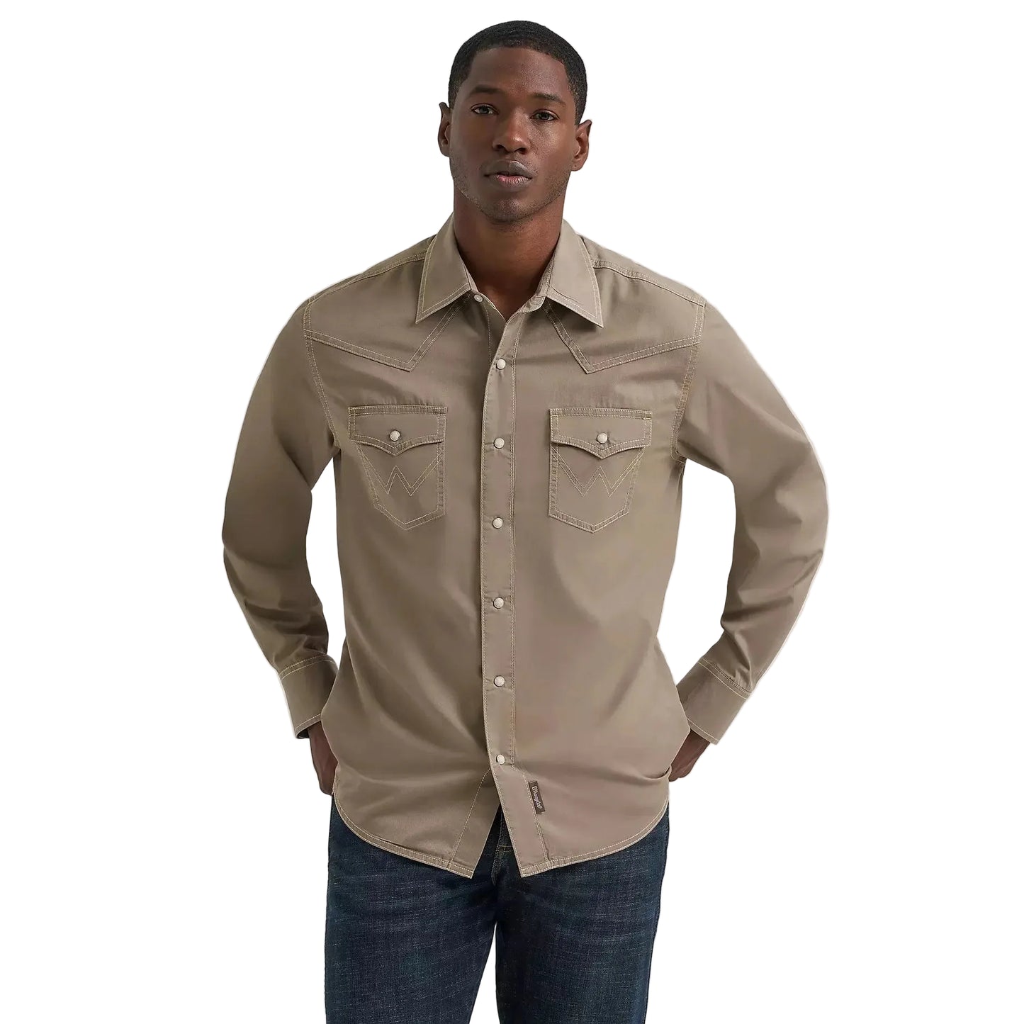Wrangler Men's Retro Permium Western Solid Long Sleeve Snap Shirt - Tan