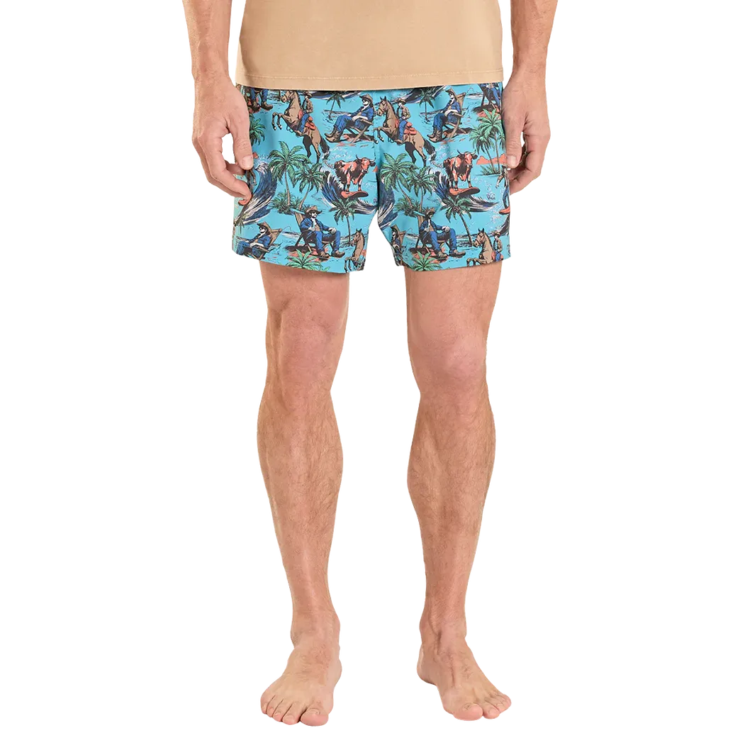 Rock & Roll Men's Tropical Cowboy Novelty Print w/Lining Swim Volley Trunks - Turquoise
