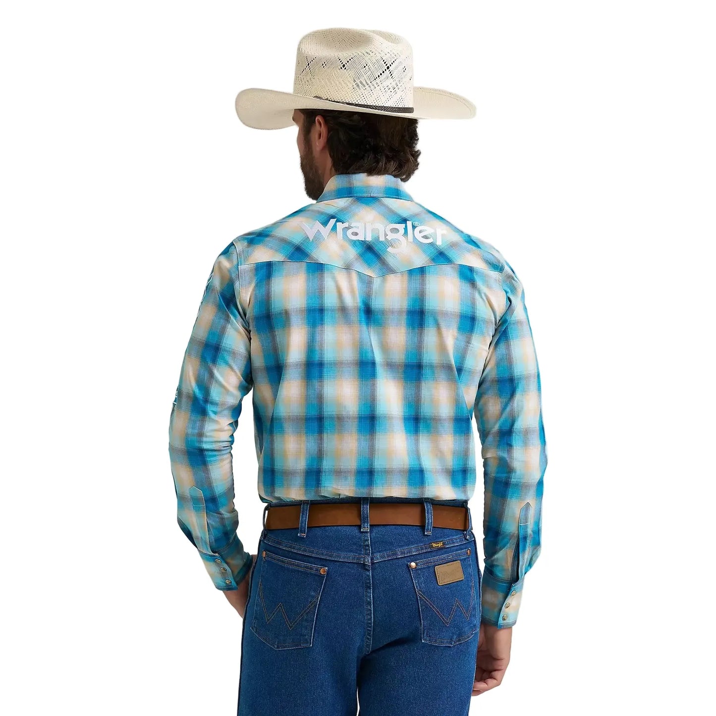 Wrangler® Men's Logo Long Sleeve Western Snap Shirt - Turquoise Madras