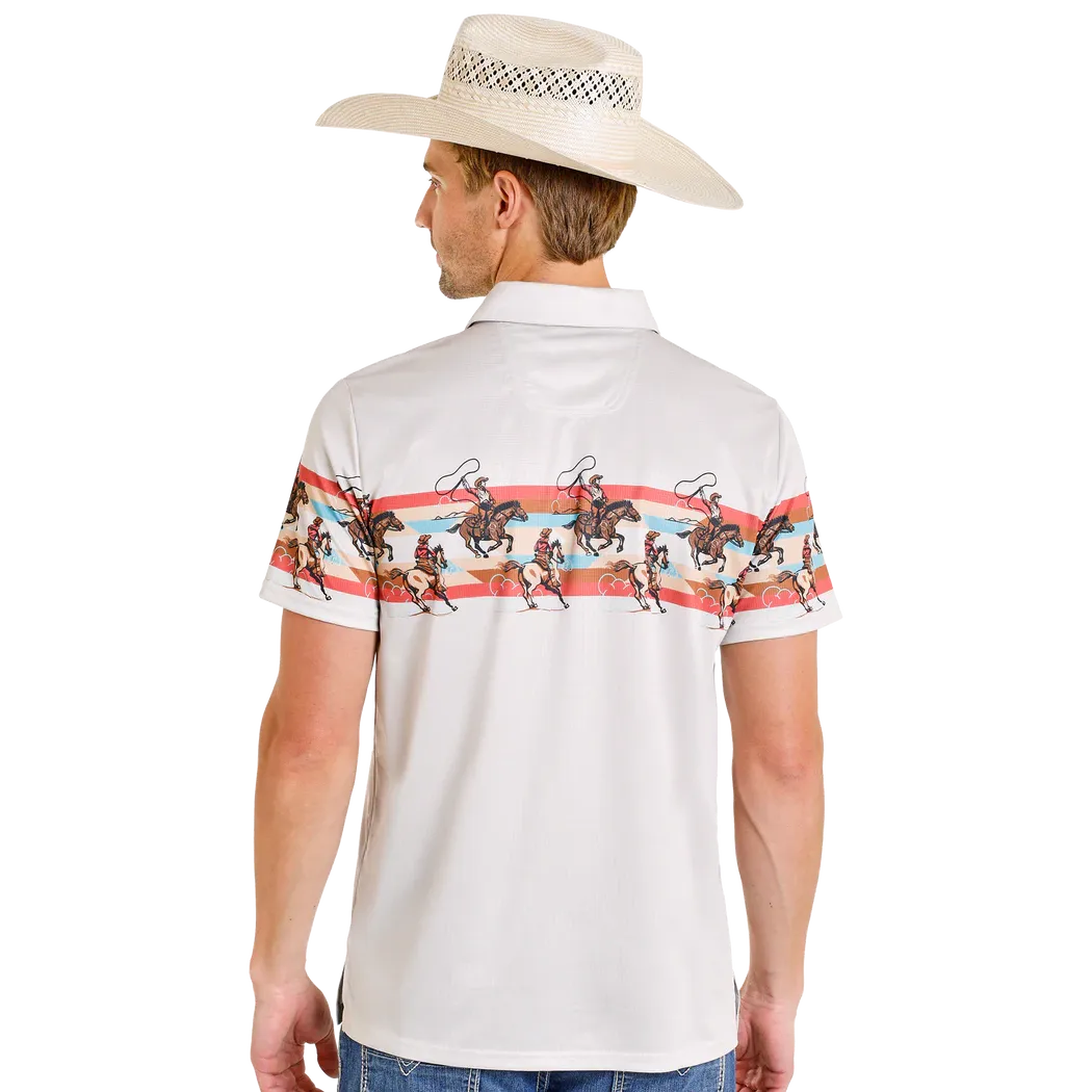 Rock & Roll Men's Novelty Dale Brisby Retro Cowboy Border Print Short Sleeve Polo Shirt - White