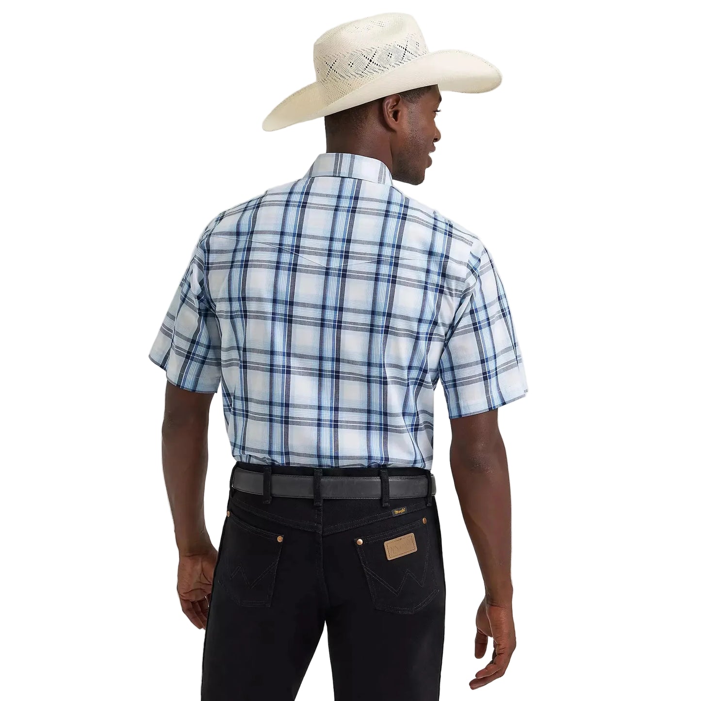 Wrangler® Men's Wrinkle Resistant Short Sleeve Western Snap Plaid Shirt - Blue Prep