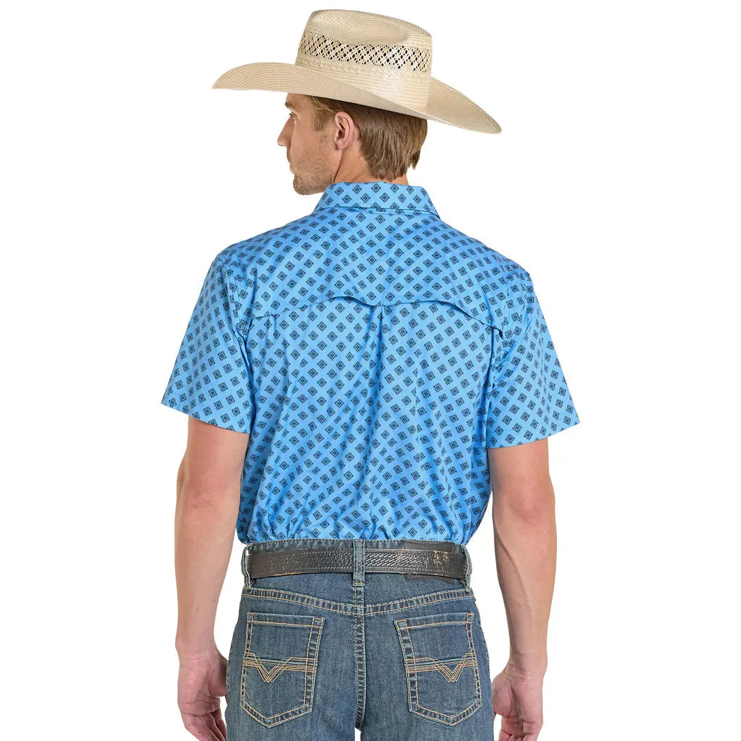 Rock & Roll Men's Mini Tek Western Aztec Print Short Sleeve Shirt - Sky Blue