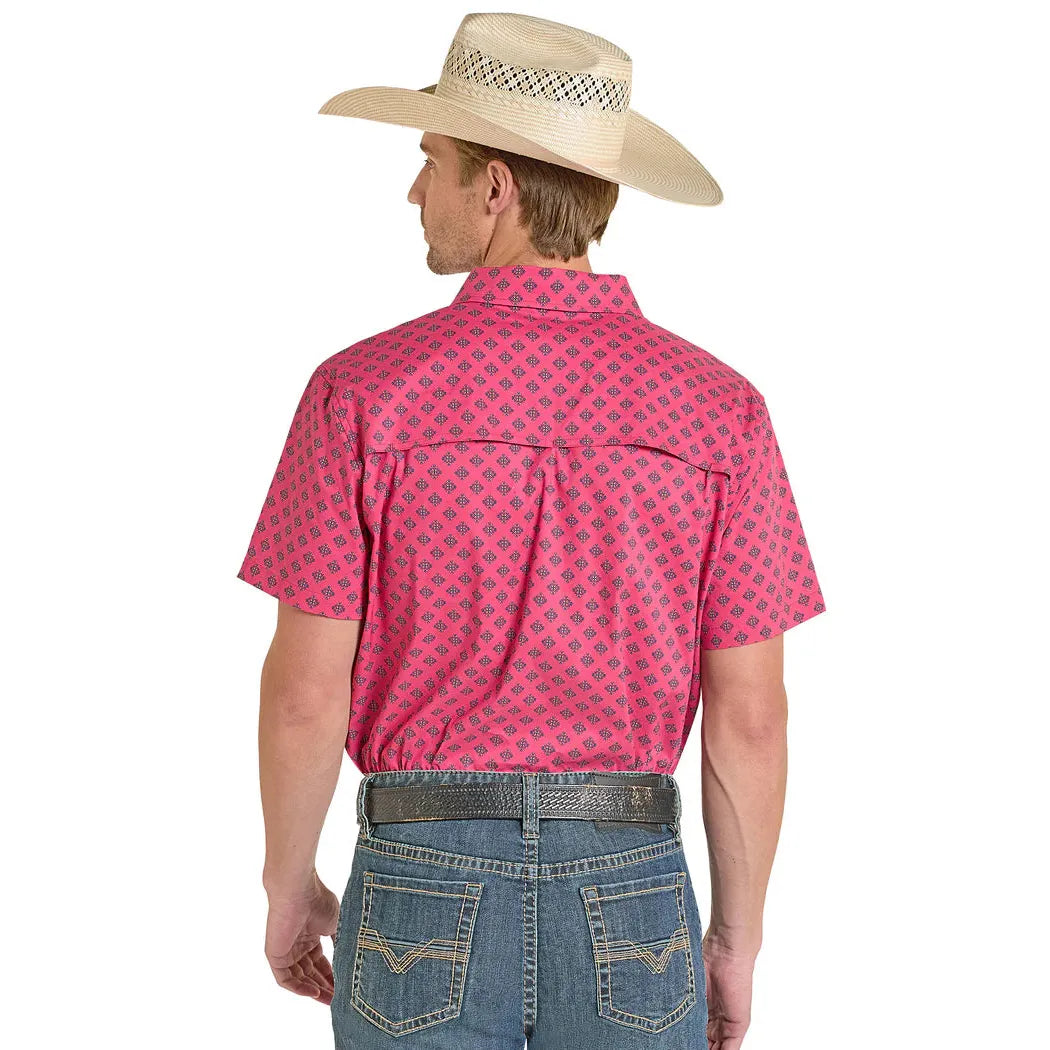 Rock & Roll Men's Mini Tek Western Aztec Print Short Sleeve Shirt - Fuchia