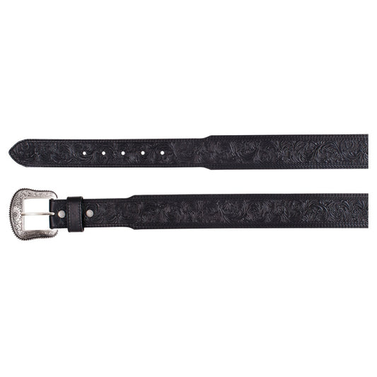 JP West Men's Genuine Leather with Floral Tooling Belt - Black
