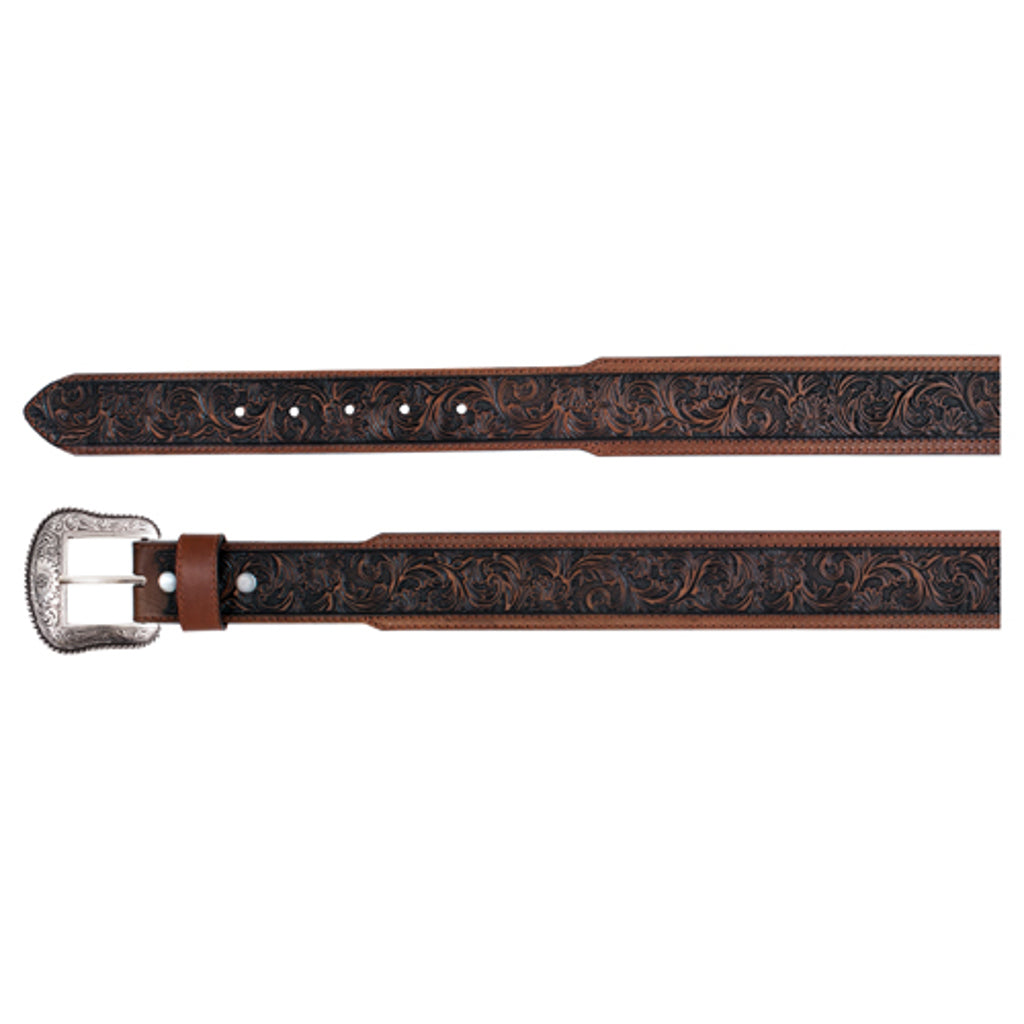 JP West Men's Genuine Leather with Floral Tooling Belt - Brown