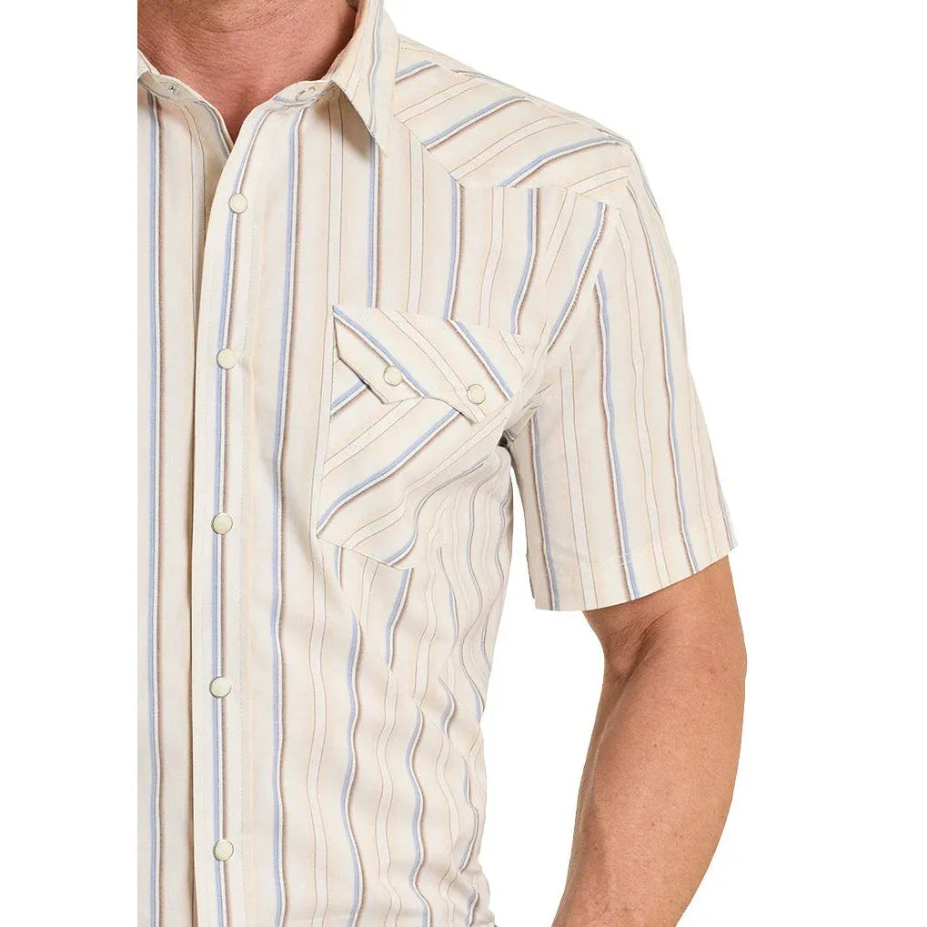 Panhandle Men's Modern Vintage Short Sleeve Stripe 2 Pocket Snap Shirt - Cream