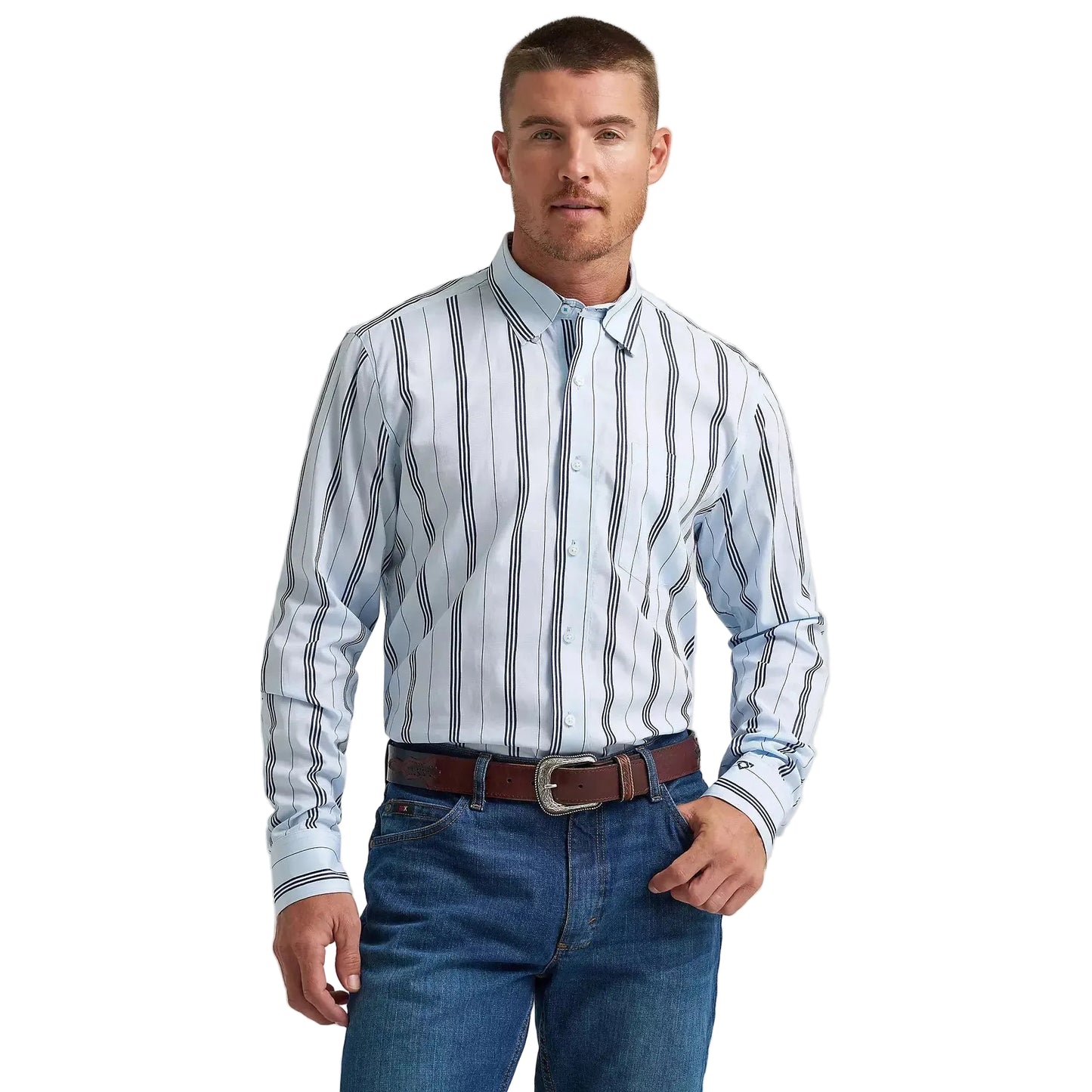 Wrangler Men's Cody Johnson One Pocket Button Down LS Shirt - Baby Blue Stripe