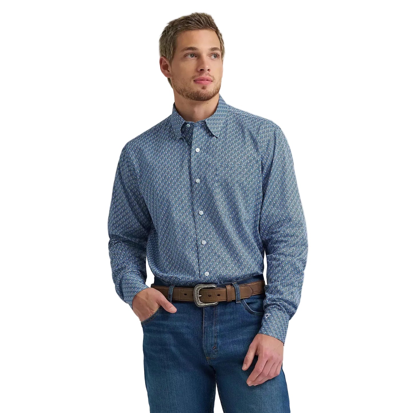 Wrangler Men's Cody Johnson One Pocket Button Down LS Shirt - Blue Folds