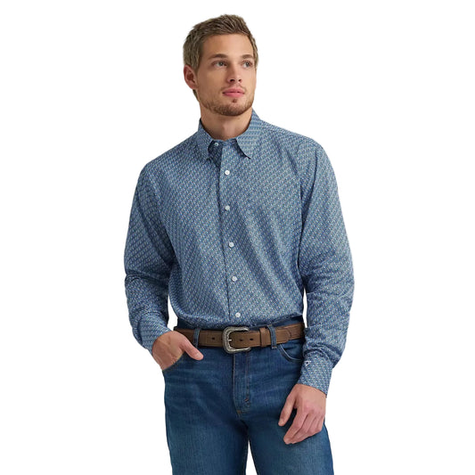Wrangler Men's Cody Johnson One Pocket Button Down LS Shirt - Blue Folds