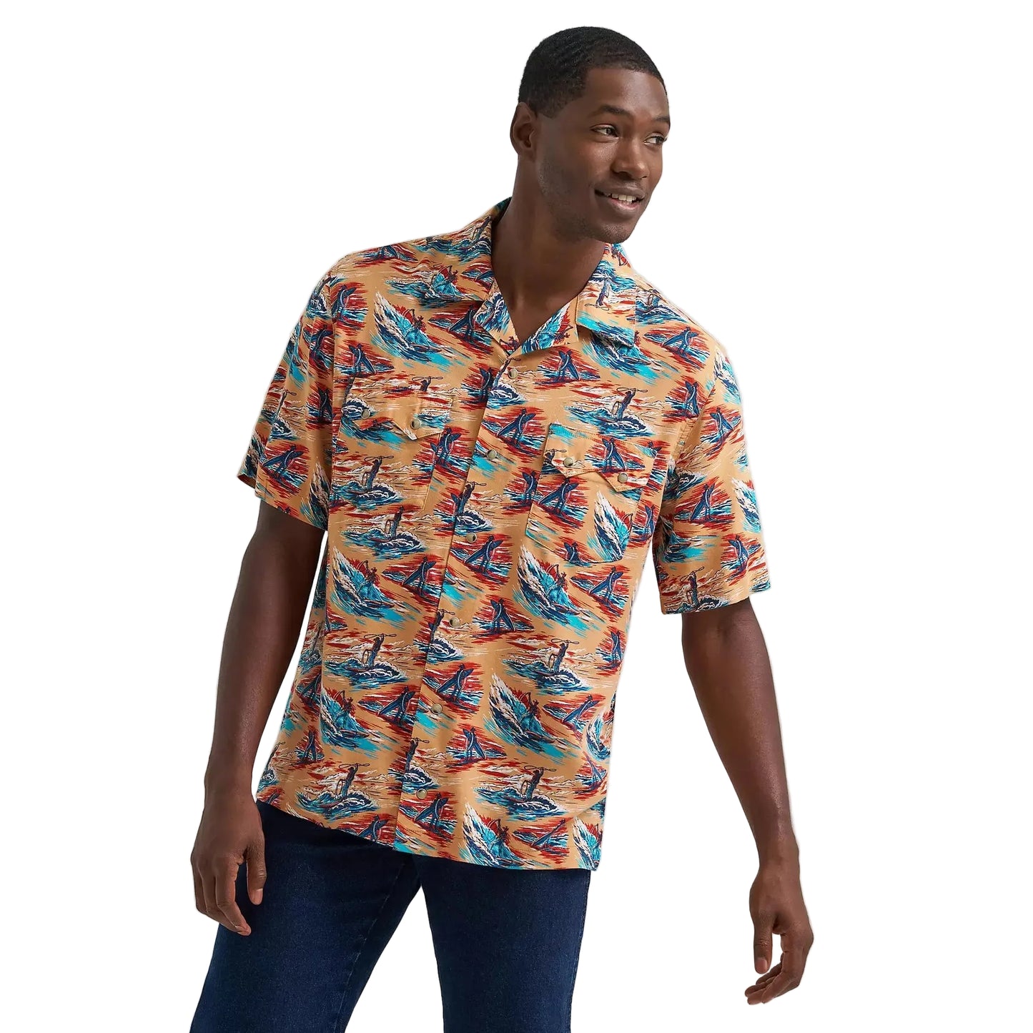 Wrangler Men's Coconut Cowboy Camp Short Sleeve Shirt - Cowboy Surf
