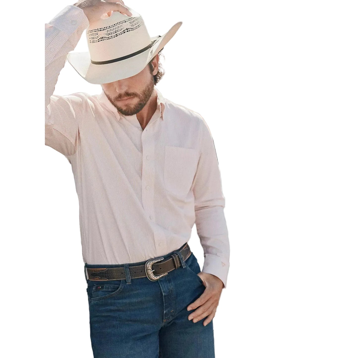 Wrangler Men's Cody Johnson One Pocket Button Down LS Shirt - Peach Stripe