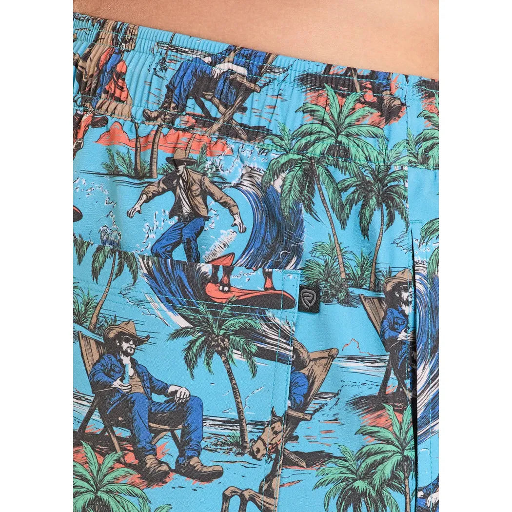 Rock & Roll Men's Tropical Cowboy Novelty Print w/Lining Swim Volley Trunks - Turquoise