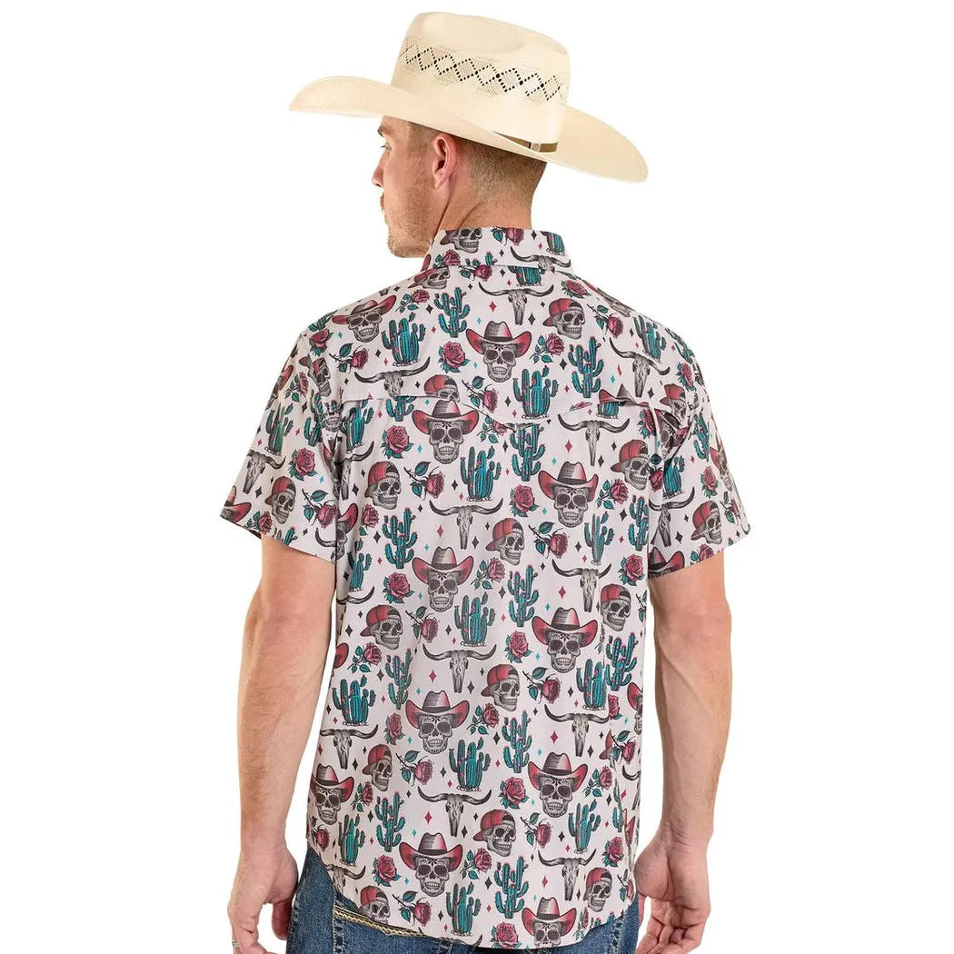 Rock & Roll Men's Novelty Skulls Tek Western Dia Los Muertos Short Sleeve Snap Shirt - White