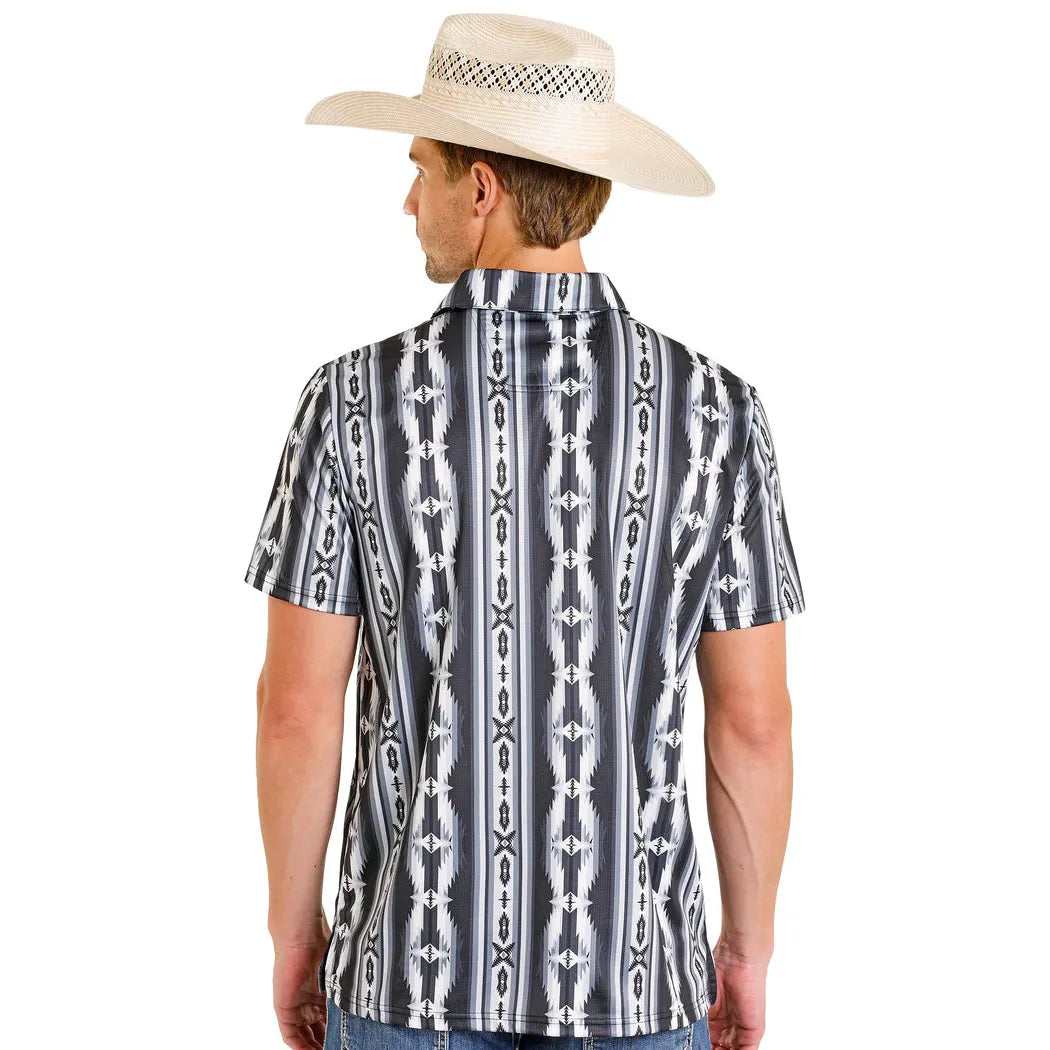 Rock & Roll Men's Southwestern Aztec Print Short Sleeve Polo Shirt - Black
