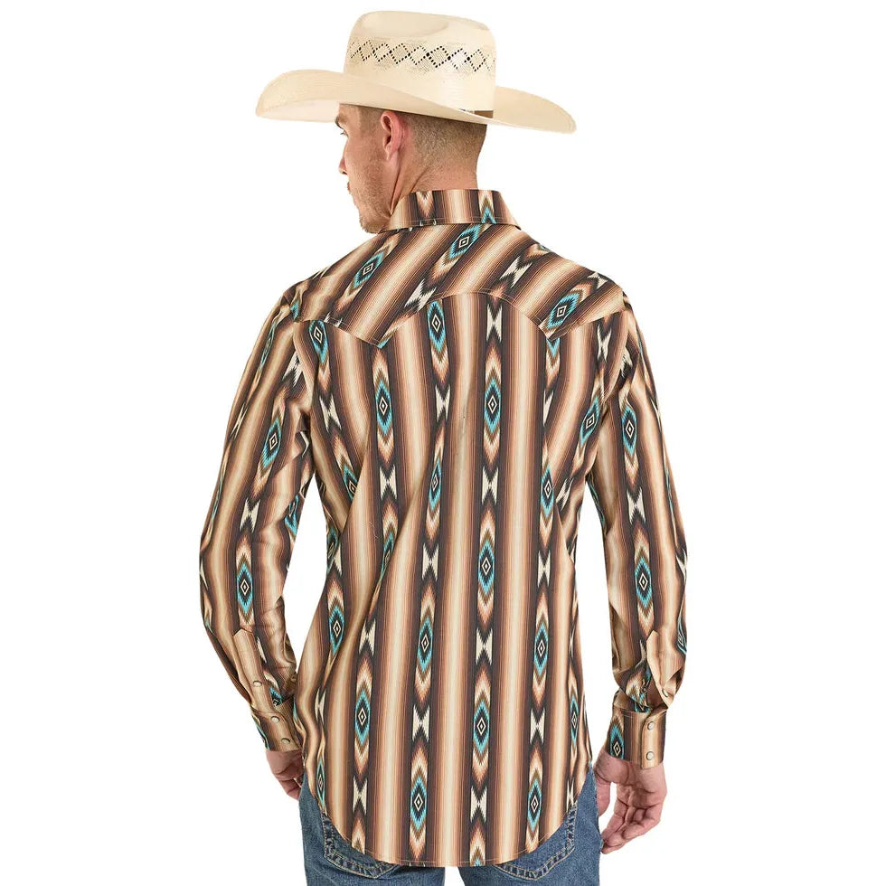 Rock & Roll Men's Aztec Stripe Printed Long Sleeve Snap Shirt - Dark Brown