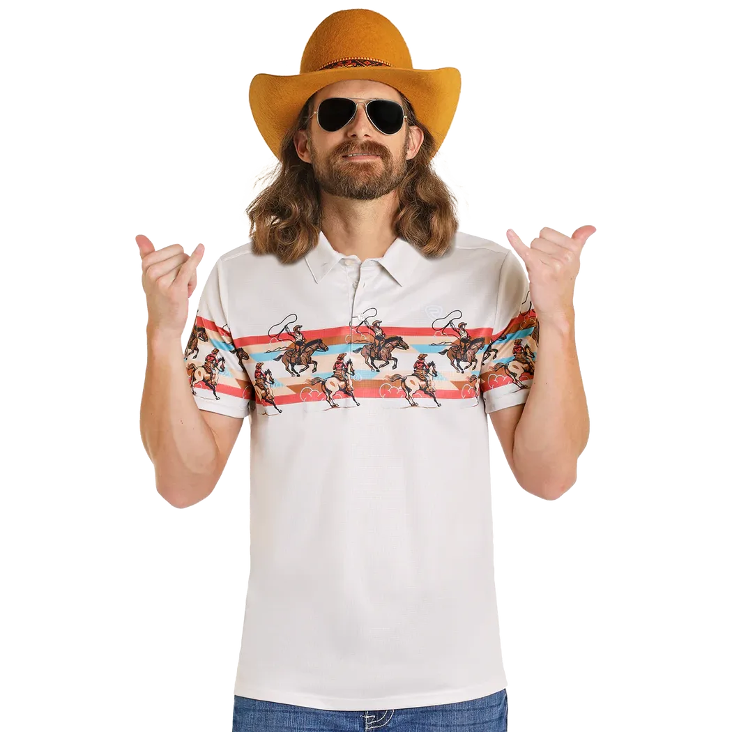 Rock & Roll Men's Novelty Dale Brisby Retro Cowboy Border Print Short Sleeve Polo Shirt - White