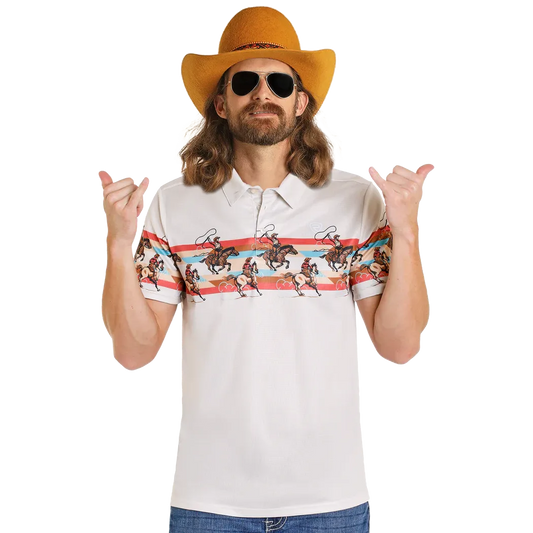 Rock & Roll Men's Novelty Dale Brisby Retro Cowboy Border Print Short Sleeve Polo Shirt - White