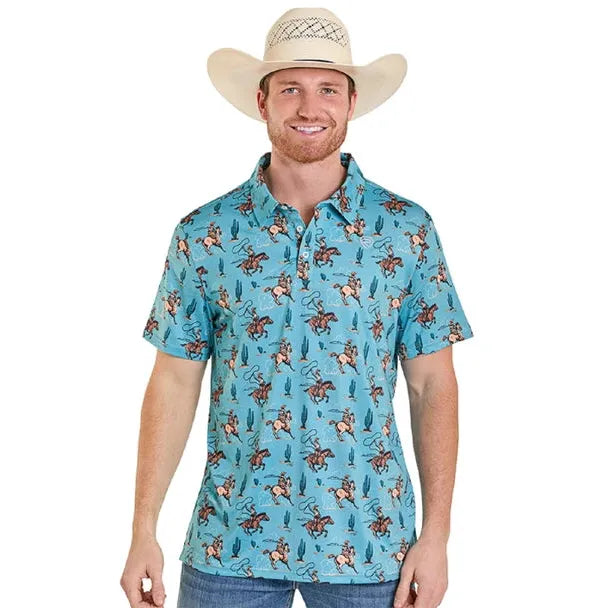 Rock & Roll Men's Novelty Roping Cowboy Print Short Sleeve Polo Shirt - Peacock