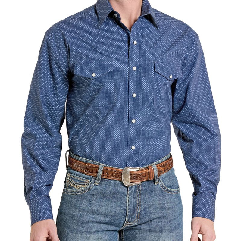 Rock & Roll  Men's Long Sleeve 1 Pocket Button Down Shirt - Blue
