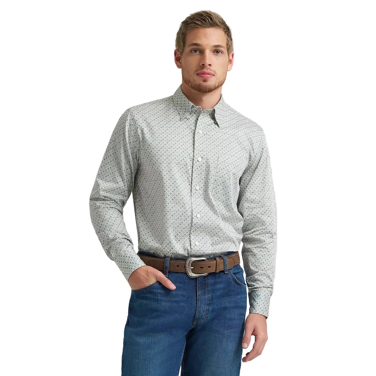 Wrangler Men's Cody Johnson One Pocket Button Down LS Shirt - Green Tan Cross