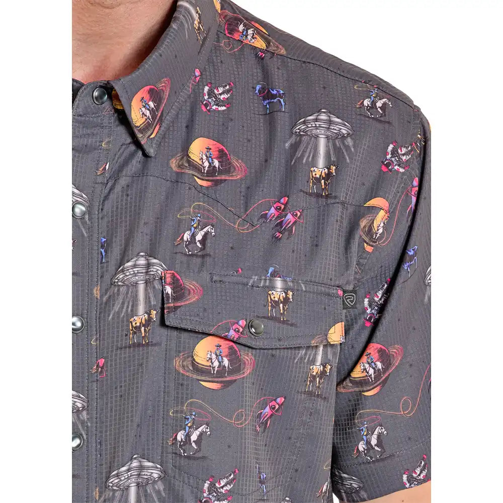 Rock & Roll Men's Space Cowboy Tek Western Short Sleeve Snap Shirt - Grey