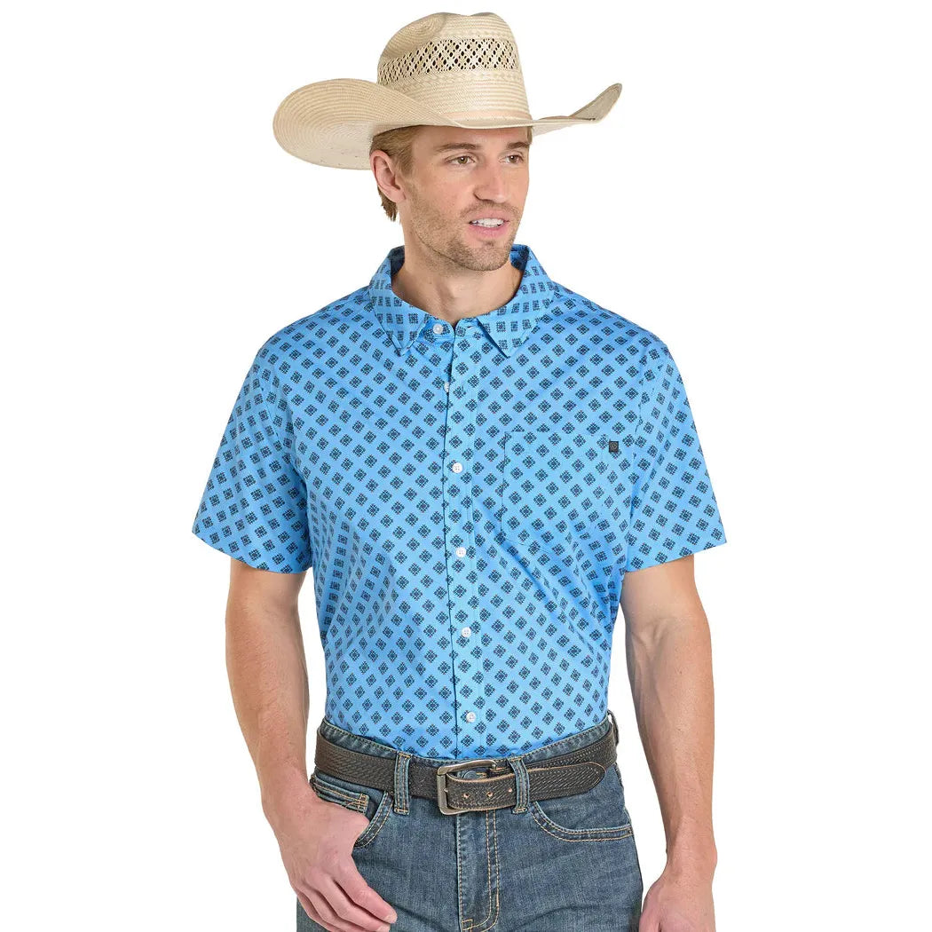 Rock & Roll Men's Mini Tek Western Aztec Print Short Sleeve Shirt - Sky Blue