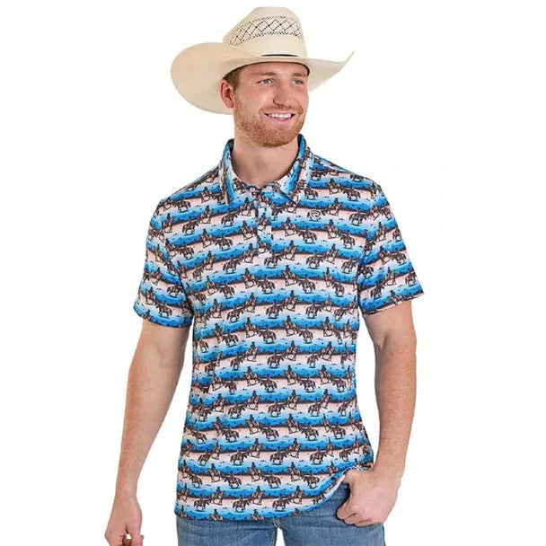 Rock & Roll Men's Serape Novelty Horse & Cowboy Print Short Sleeve Polo Shirt - Blue