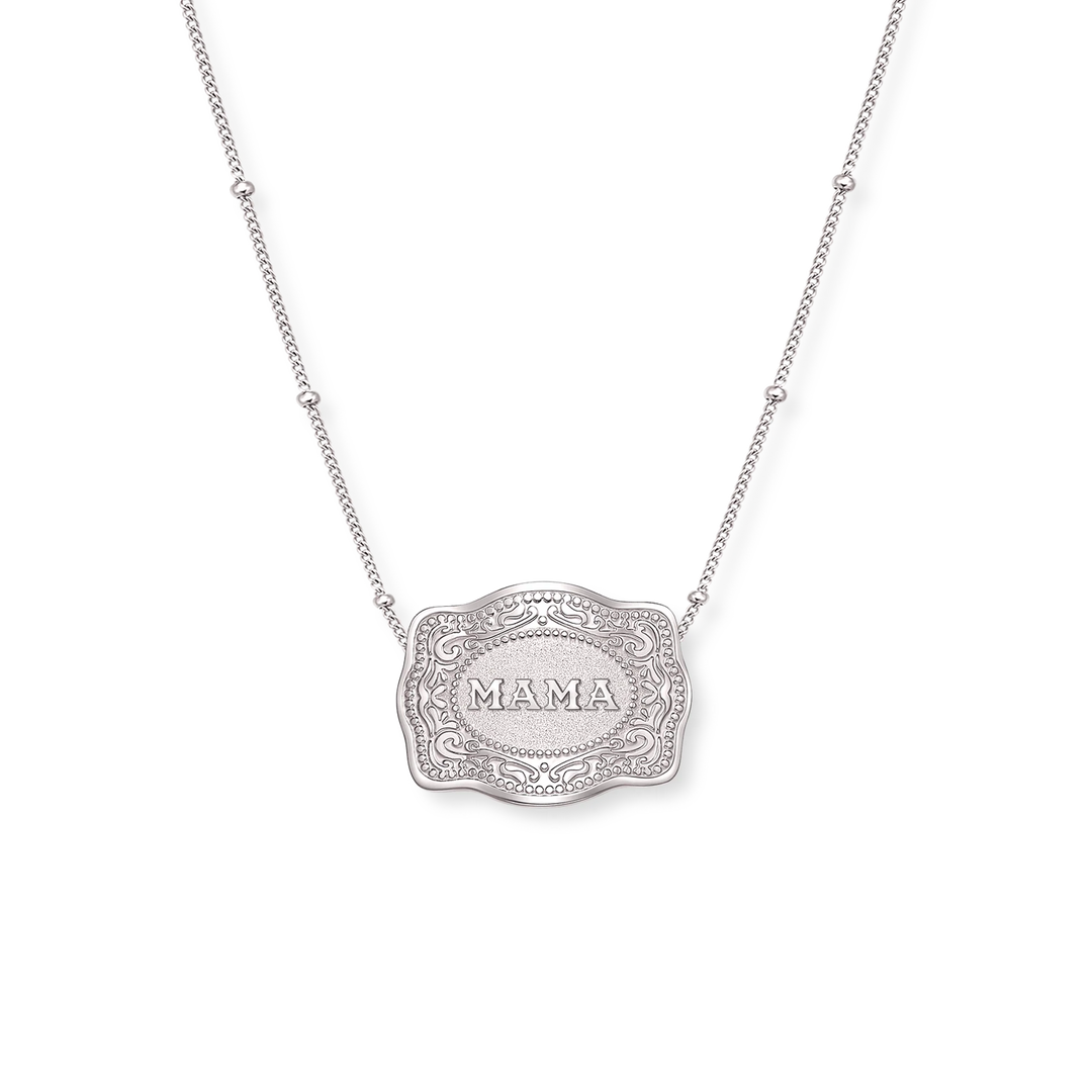 Spur West Mini Belt Buckle Necklace MAMA Beaded Chain - Silver