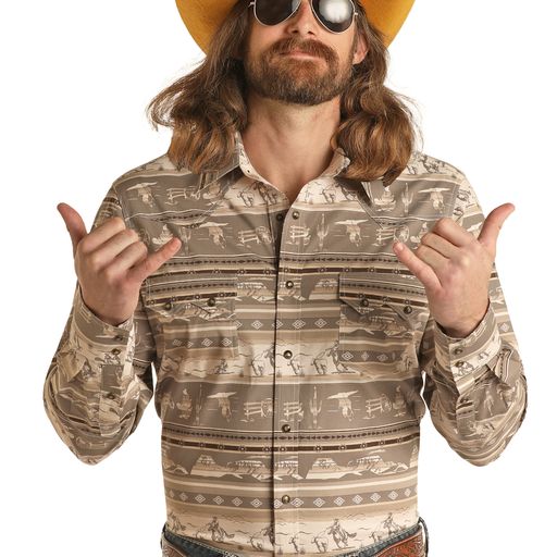 Rock & Roll Men's Long Sleeve 2 Pocket Conversational Dale Shirt - Taupe