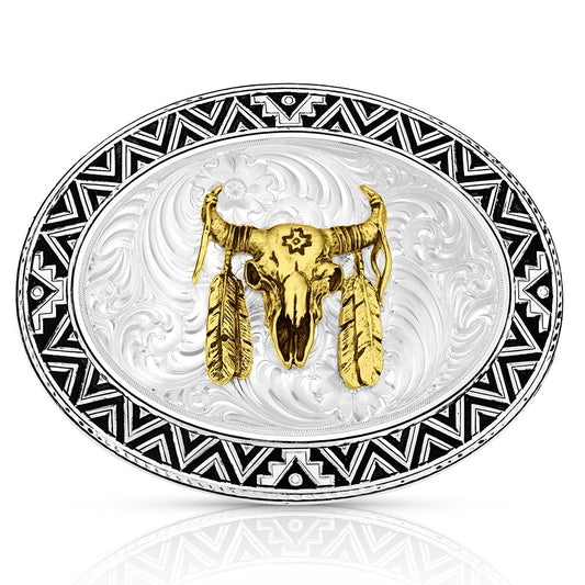 Montana Silversmiths Men's Oval Aztec Border Dancing Compass with Buffalo Skull Buckle