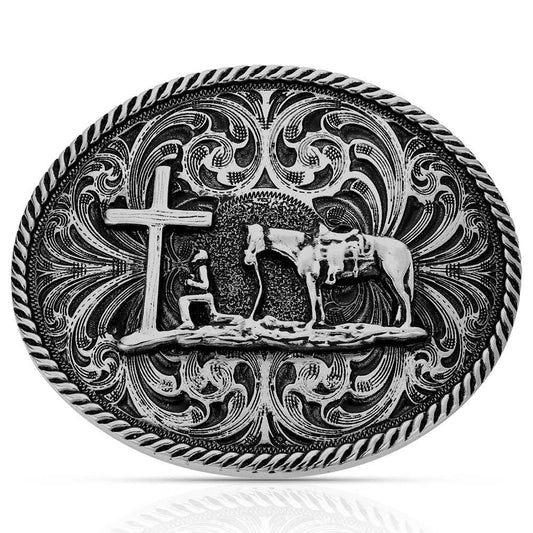 Montana Silversmiths Cowboy kneeling At Cross - Antique Silver Buckle
