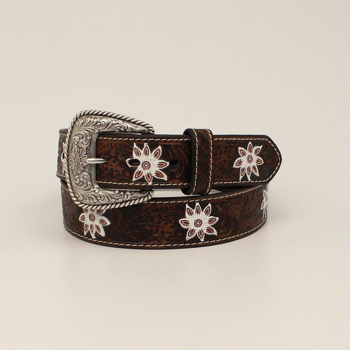 Nocona Ladies Floral Embossed White Flower Belt - Brown