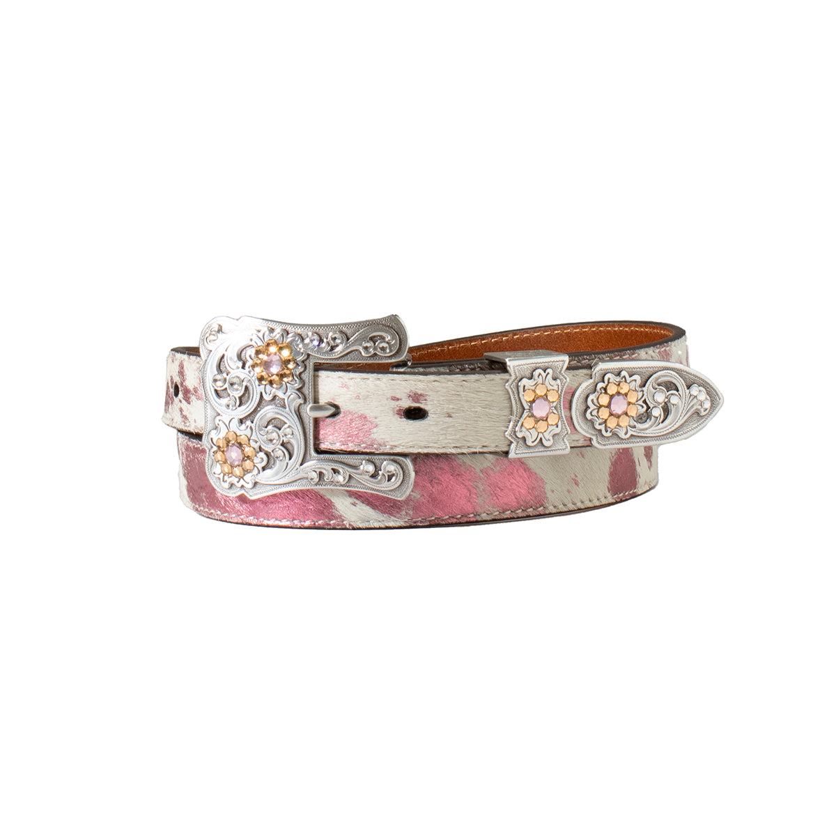 Nocona Ladies Pink Foil Calf Hair Belt - White