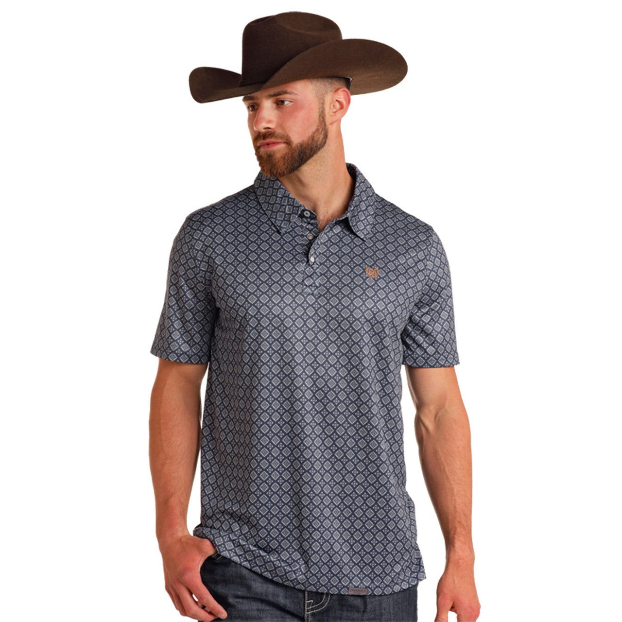 Panhandle Men's Geometric Polo Snap Shirt - Navy with Pattern