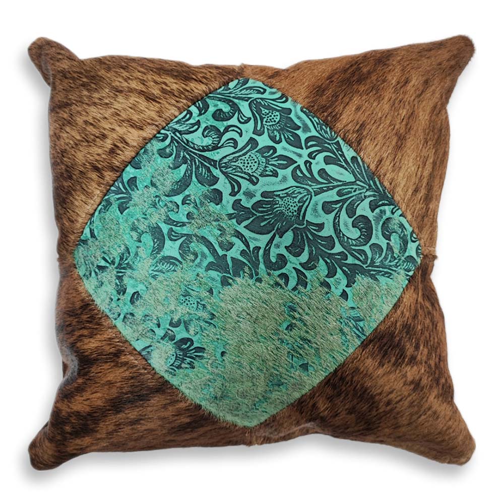 D2W Western 2 Distressed Cowhide Double Sided Pillow Case - Floral Turquoise