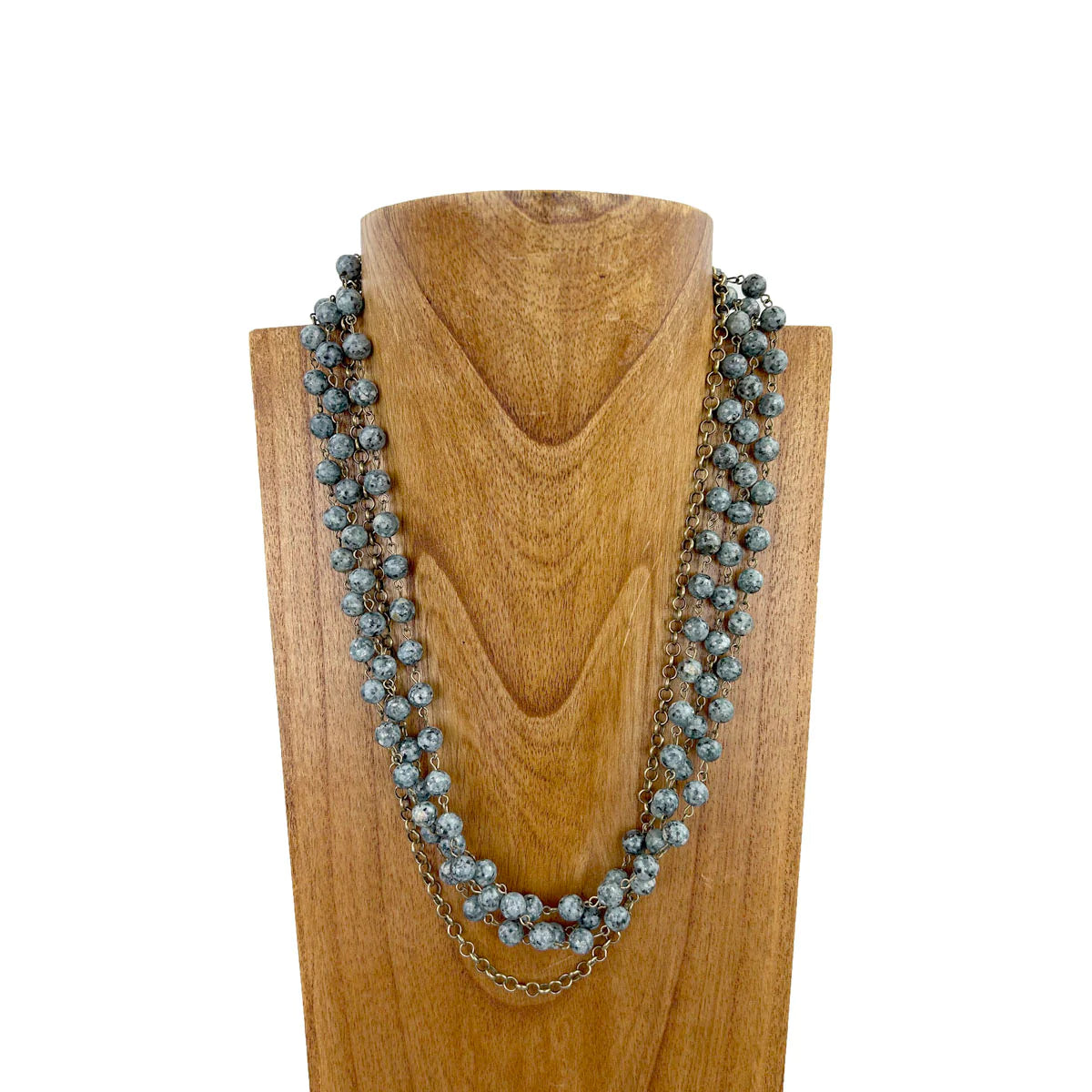 Wrangler Women's 3-Layer Grey Jasper Stone Beaded Necklace w/Brass Color Metal Chain