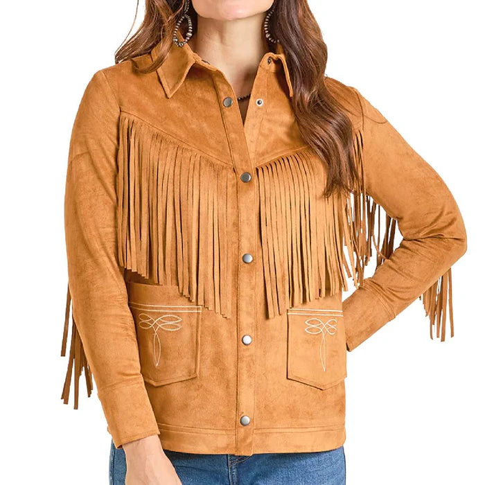 Panhandle Women's Long Sleeve Fringed Yoke Shacket - Camel