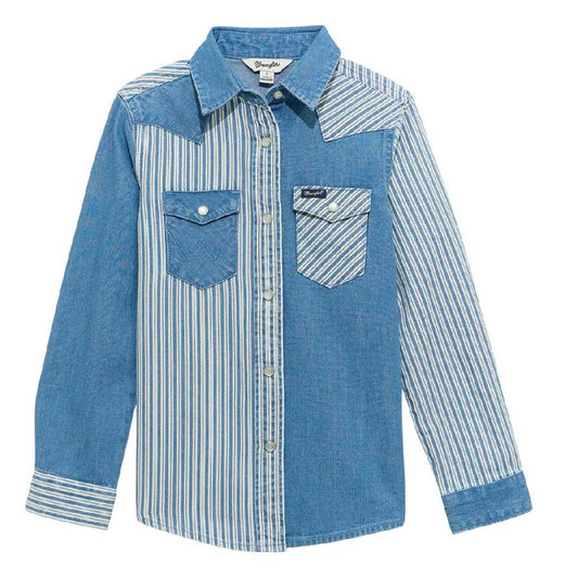 Wrangler Girl's Long Sleeve Western Shirt- Blue