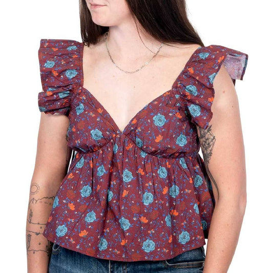 Rock & Roll Women's Floral Print Flutter Tank- Burgundy