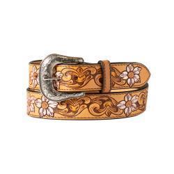 Nocona Ladies Metallic Flowers Hando Tooled Belt - Tan