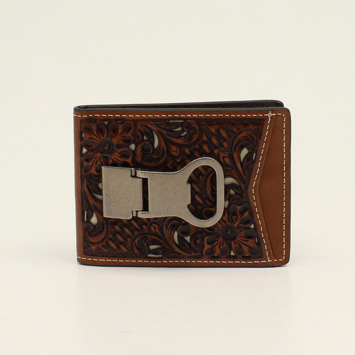 Nocona Men's Bifold Money Clip Wallet - Brown Basketweave Floral Tooled