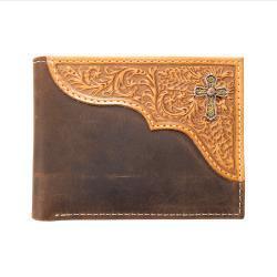 Nocona Men's Bifold Wallet with Embossed Scroll and Concho- Medium Brown