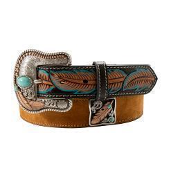 Nocona Women's Hand Tooled Feather Tabs Belt - Tan
