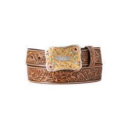Nocona Ladies Floral Embossed Scalloped Belt- Natural