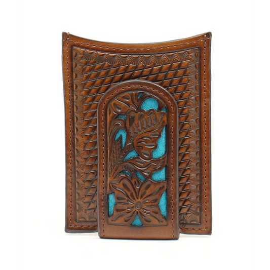 Nocona Men's Money Clip Wallet - Floral Tooled w/Turquoise Underlay