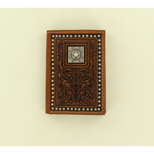Nocona Hand Tooled w/Square Silver Concho Trifold Wallet - Brown