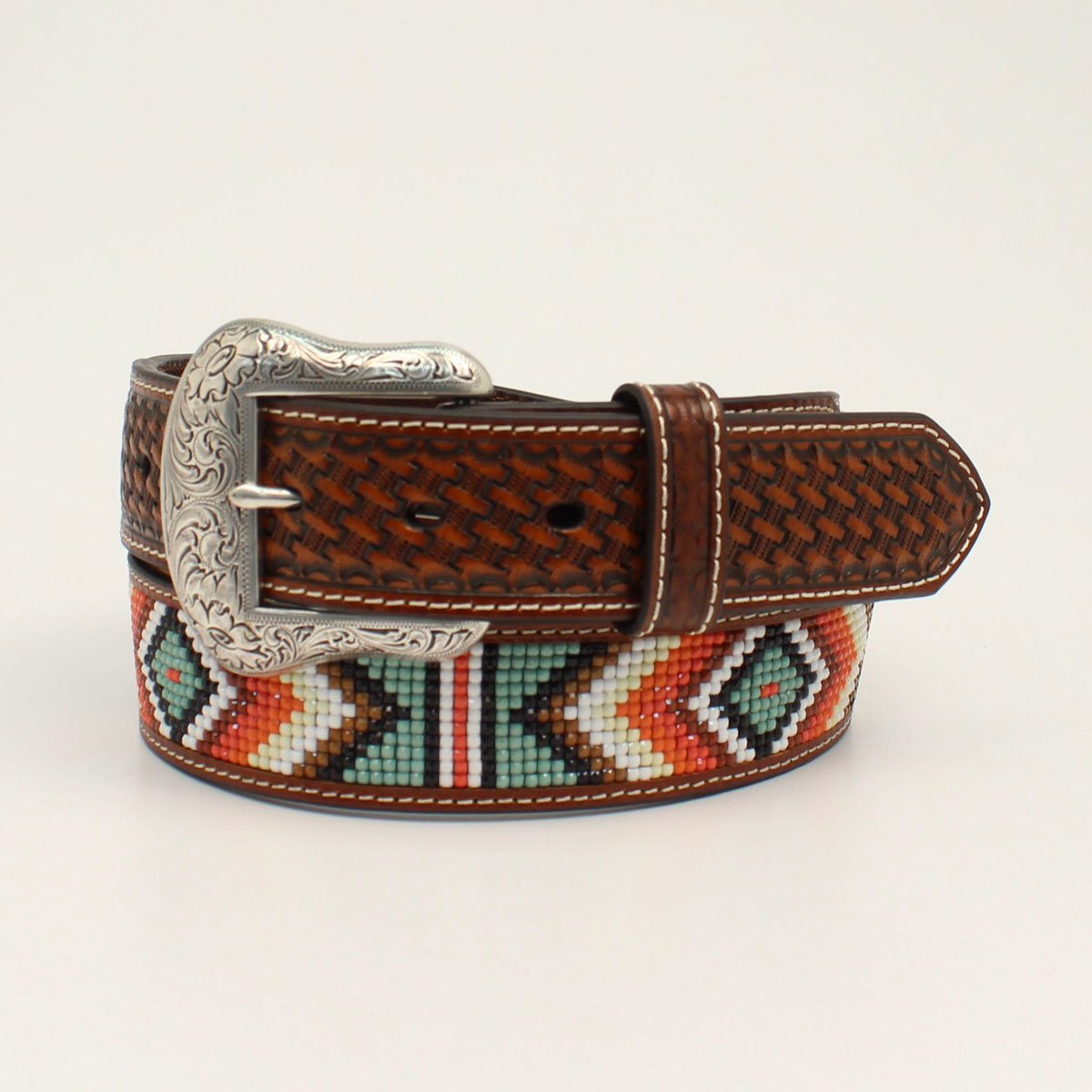 Nocona Men's Belt - Tan Basketweave & Diamond Beaded