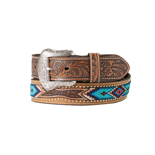Nocona Men's Floral Embossed Beaded Belt - Brown/Turquoise